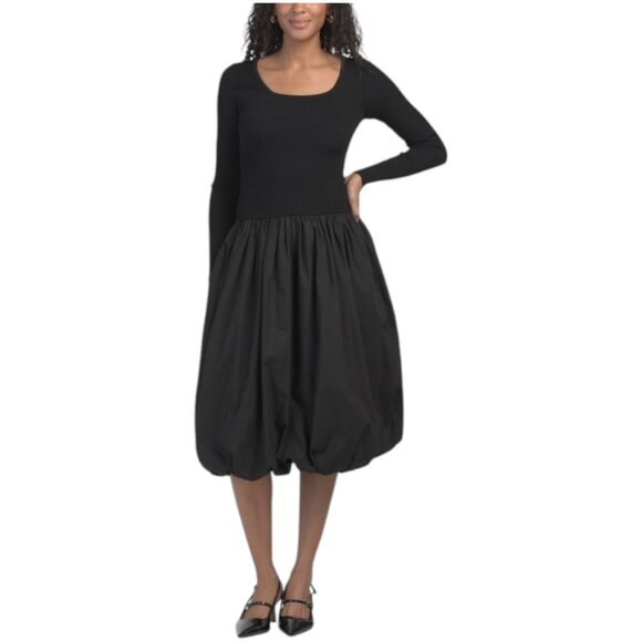 EN SAISON Ribbed Knit Square Neck Drop Waist Bubble Hem Dress - Picture 1 of 3